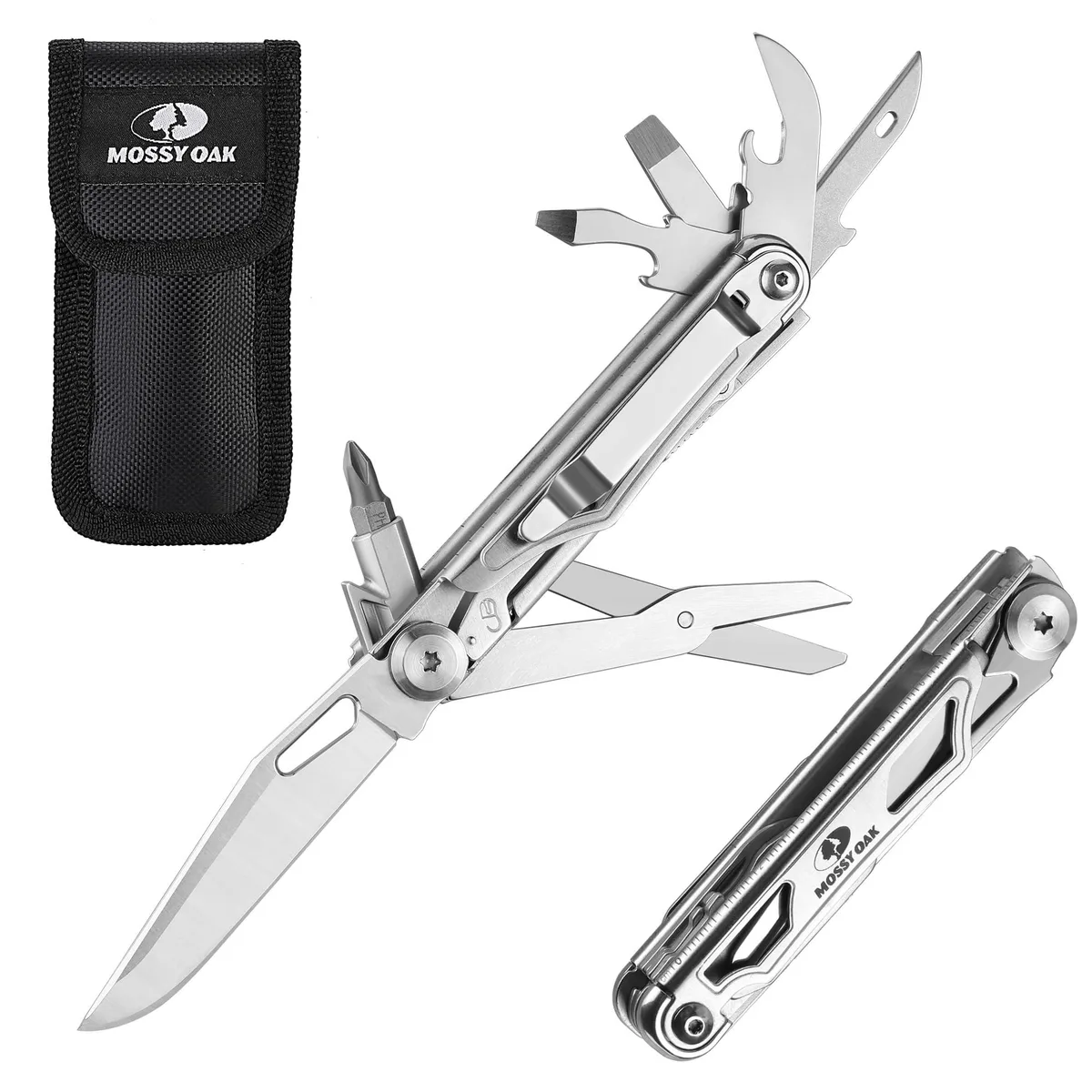 Black stainless-steel folding multitool with belt clip and pouch