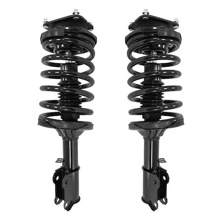 Unity front complete strut assembly kit, two silver metal units with coiled springs and top mounts