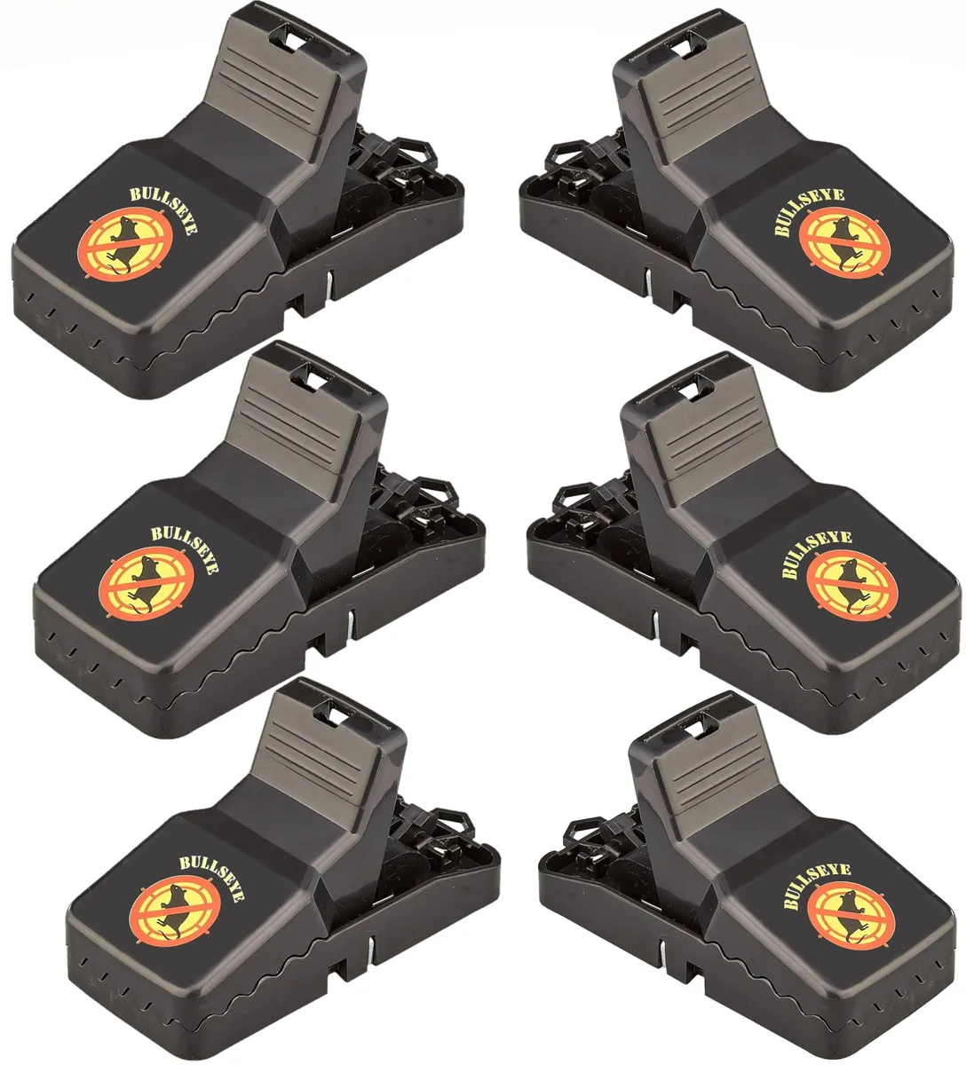 Black plastic snap trap with stainless spring and toothed jaws, finger-safe release lever visible
