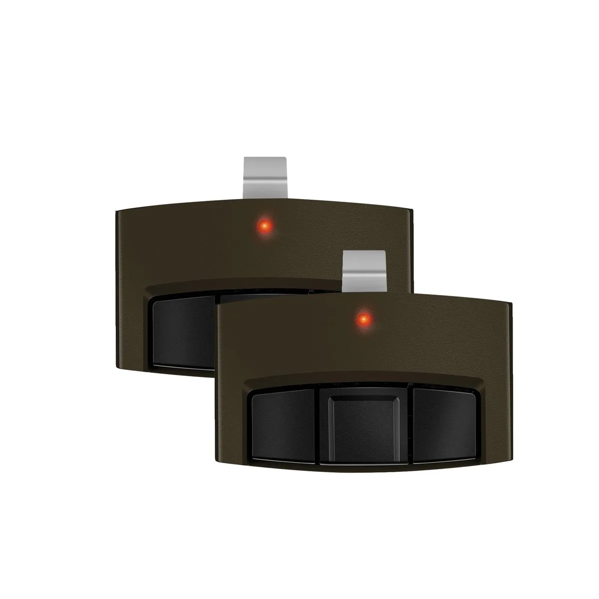 Two small black plastic remotes each with three buttons side by side