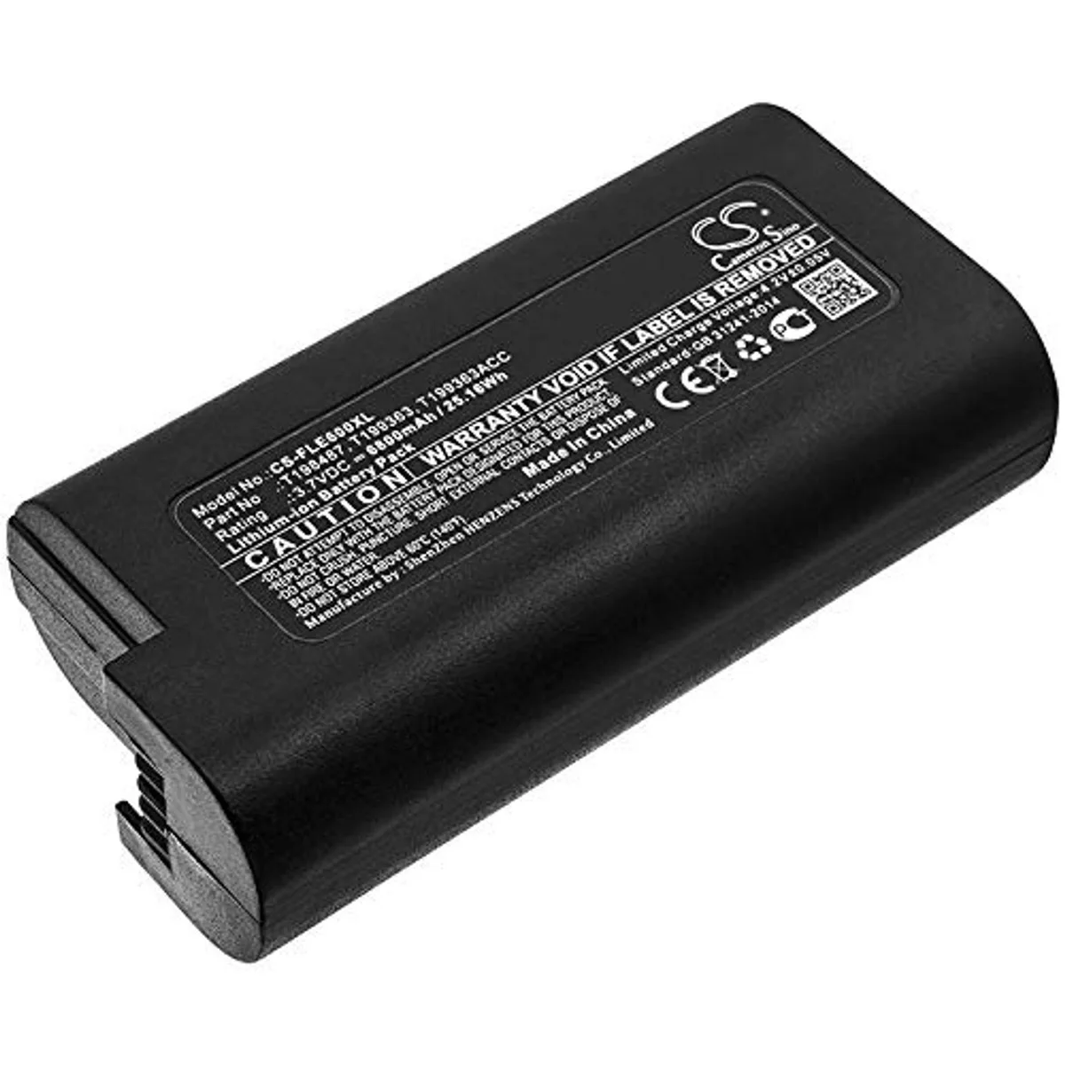 Rectangular lithium-ion camera battery, dark casing, 78 by 40 by 22 millimetres