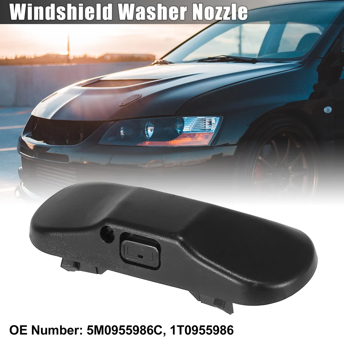 Black plastic heated windshield washer nozzle, rectangular with two pins