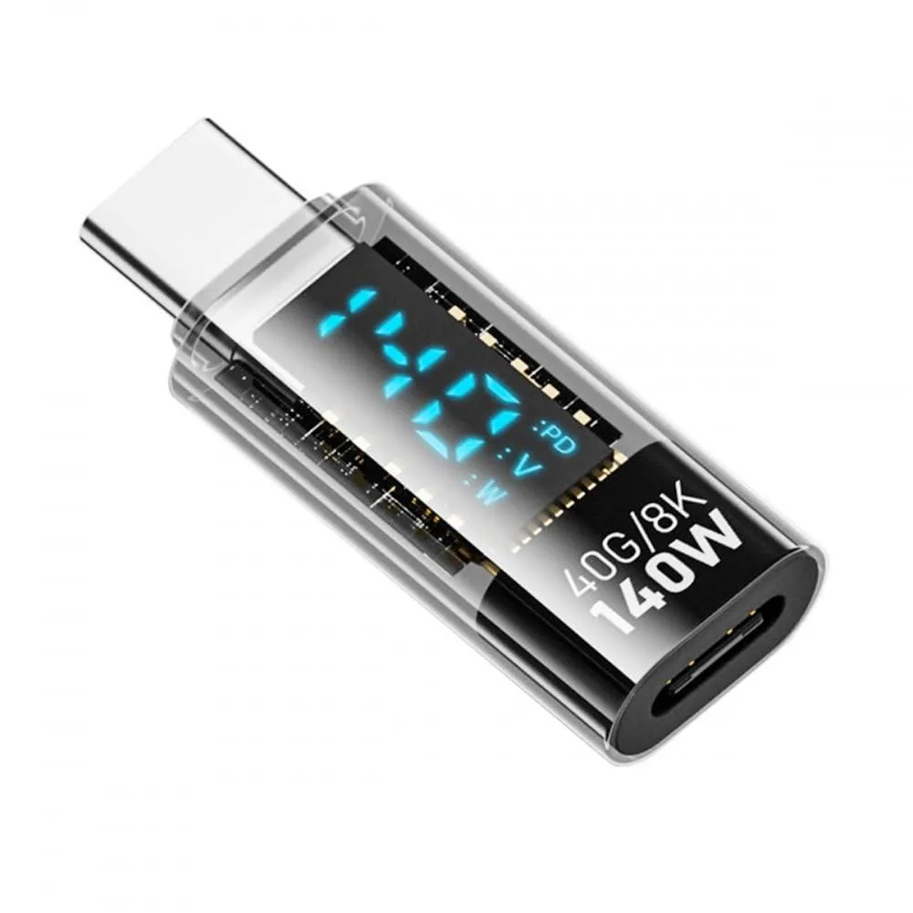 Transparent USB-C male-to-female adapter with built-in LED display