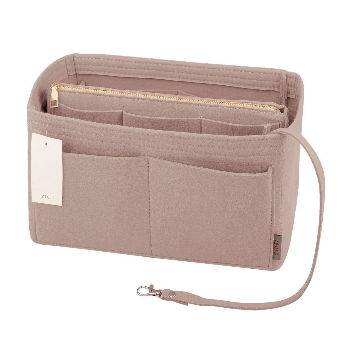 Beige felt purse organiser insert with metal zipper, rectangular shape, soft pliable fabric