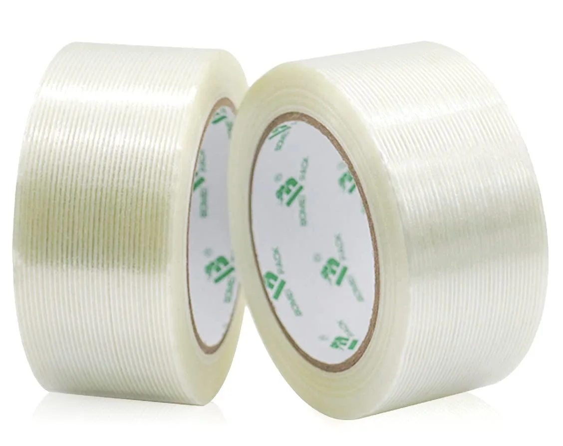 Two rolls of clear reinforced filament tape on a white background