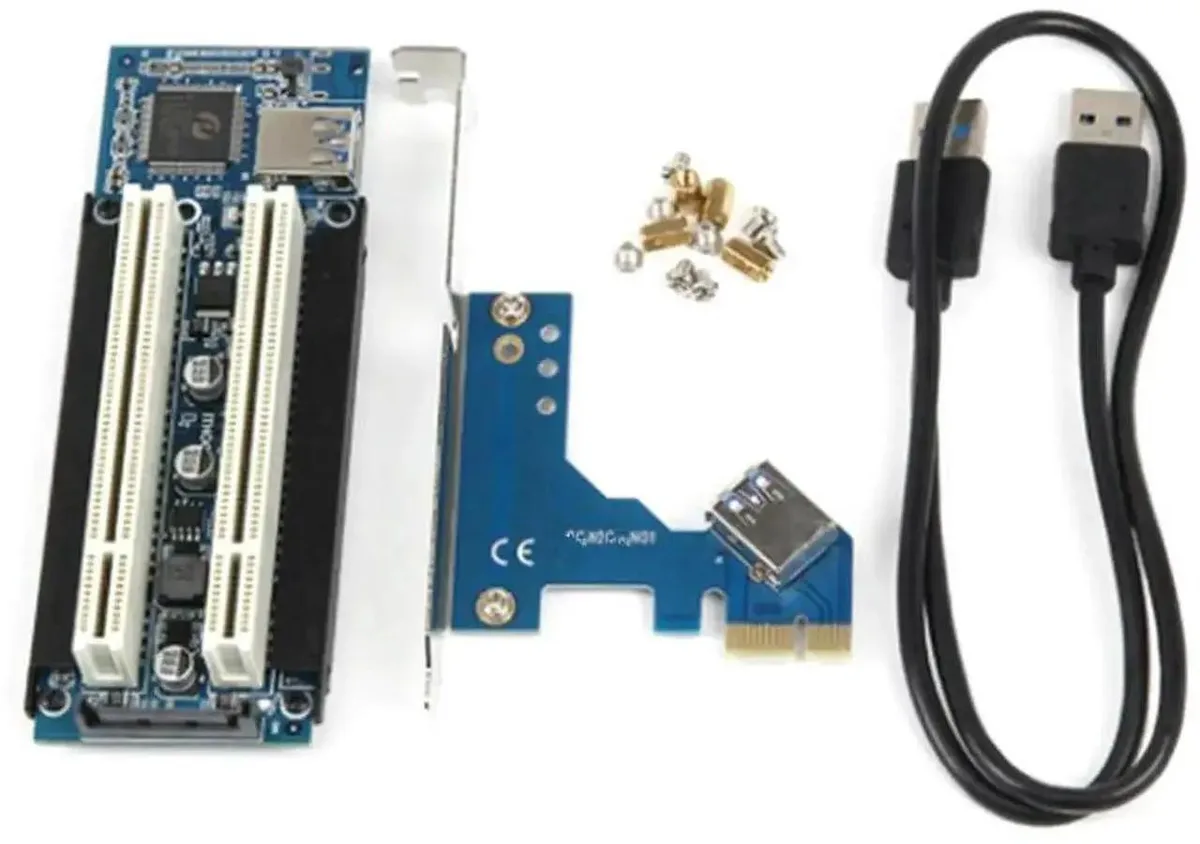 Green PCB adapter card with two white PCI slots and a gold PCIe edge connector