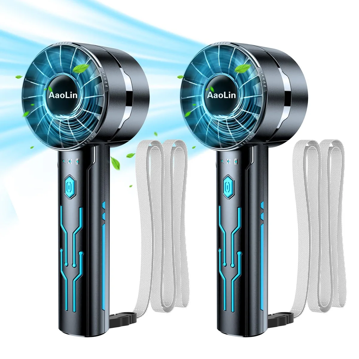 Two black handheld fans with frosted finish and lanyards