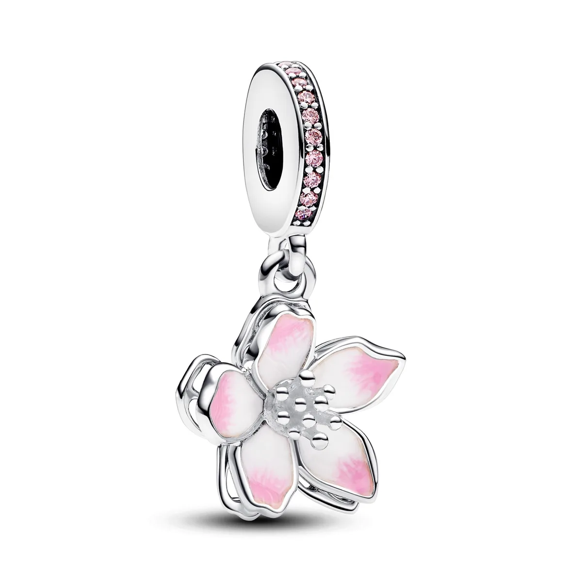 Sterling silver cherry blossom dangle charm with rotating pink and white enamel petals, pink cubic zirconia accents and pavé bail