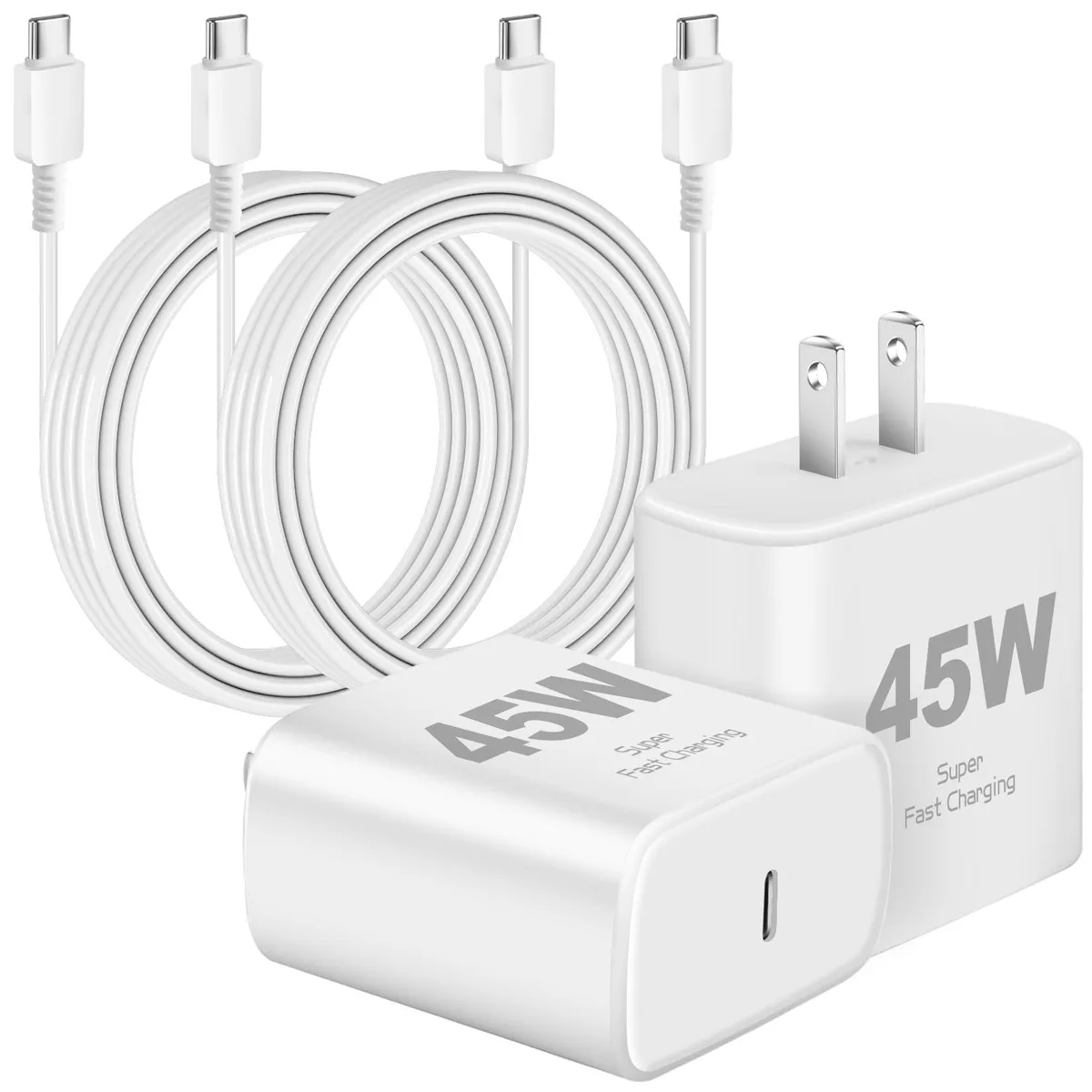 Two white USB-C wall chargers with two long matching cables coiled beside them