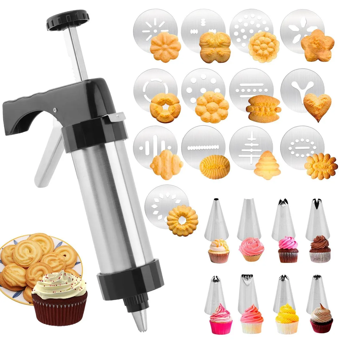 OXO stainless steel cookie press set with 13 discs and 8 piping tips