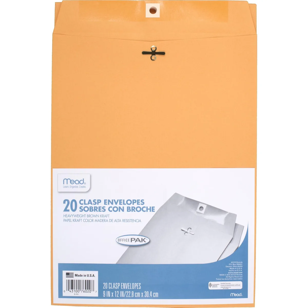  Mead 76020 Clasp Envelopes 9" x 12" Brown Kraft 24-lb 20 Count — product photo