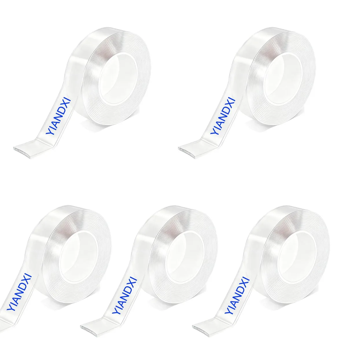 Five transparent double-sided tape rolls in a pack