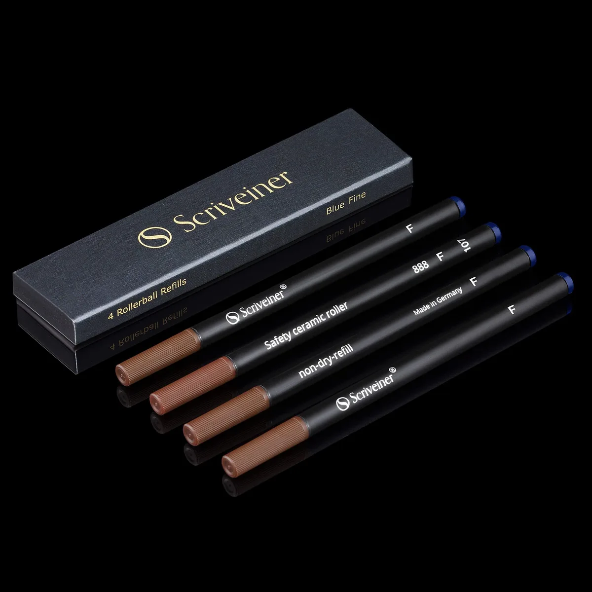 Four blue rollerball refills with fine ceramic tips in a row