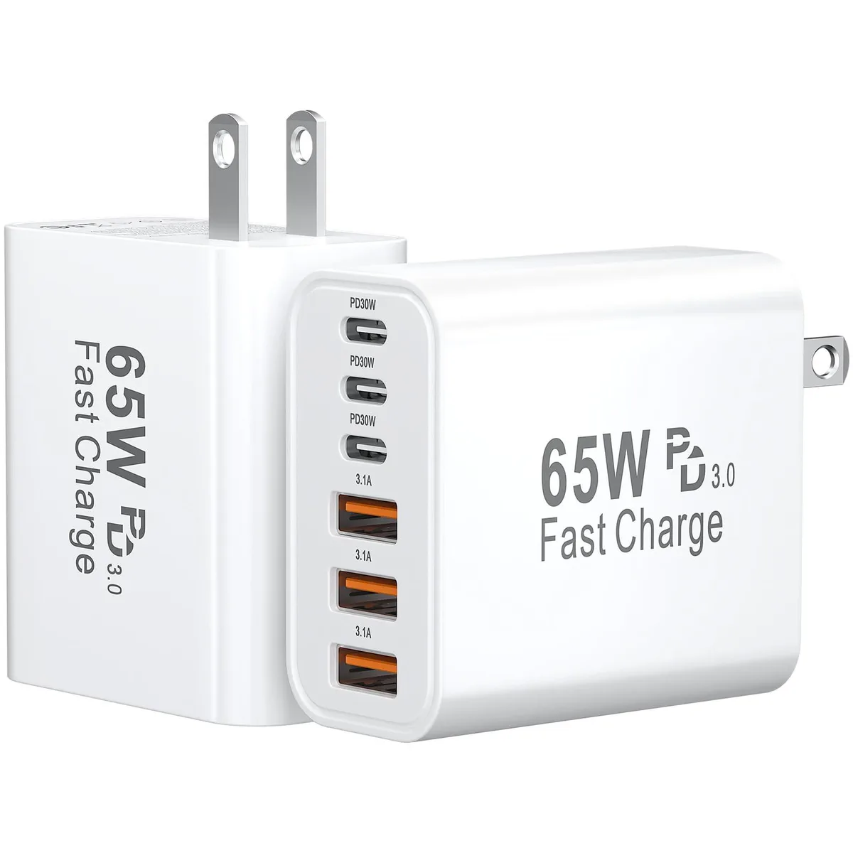 Two compact white wall chargers each with three USB-C and three USB-A ports