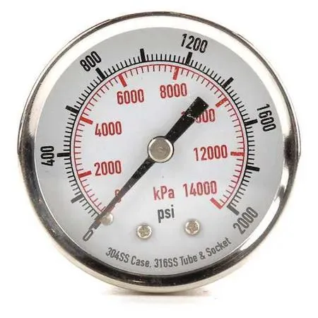Stainless steel pressure gauge with 2 in dial and 1/4 in NPT connection