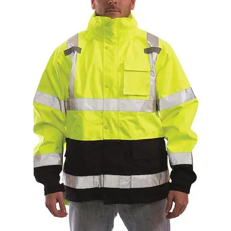 Black and yellow hi-vis rain jacket size L with packable hood and zip front