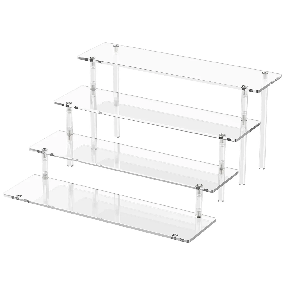 Clear four-tier acrylic display stand with polished supports, two drawers and four shelves