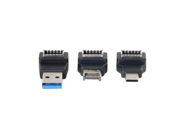 Three angled adapters with Type-E female to Type-A and Type-C male connectors