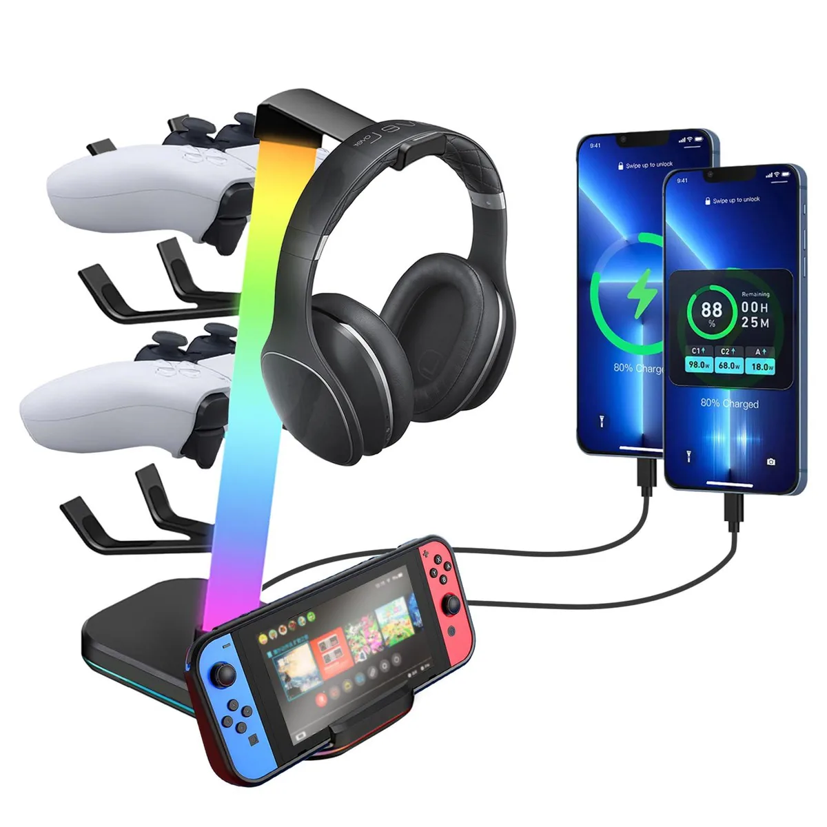  VCOM RGB Gaming Headphones Stand 10 Light Modes 4 Controller Holder 1 USB 2 Type-C Charging Ports — product photo