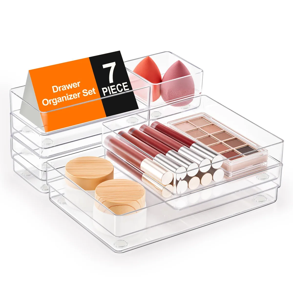 Seven clear rectangular plastic trays in four sizes with non-slip silicone pads