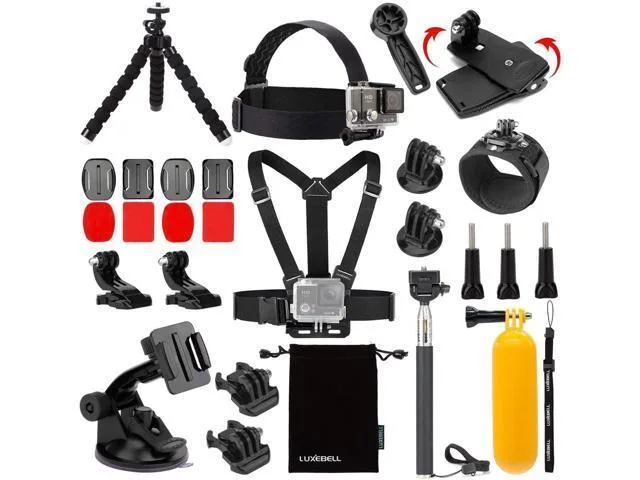 Assorted black and yellow camera mounts and straps laid flat