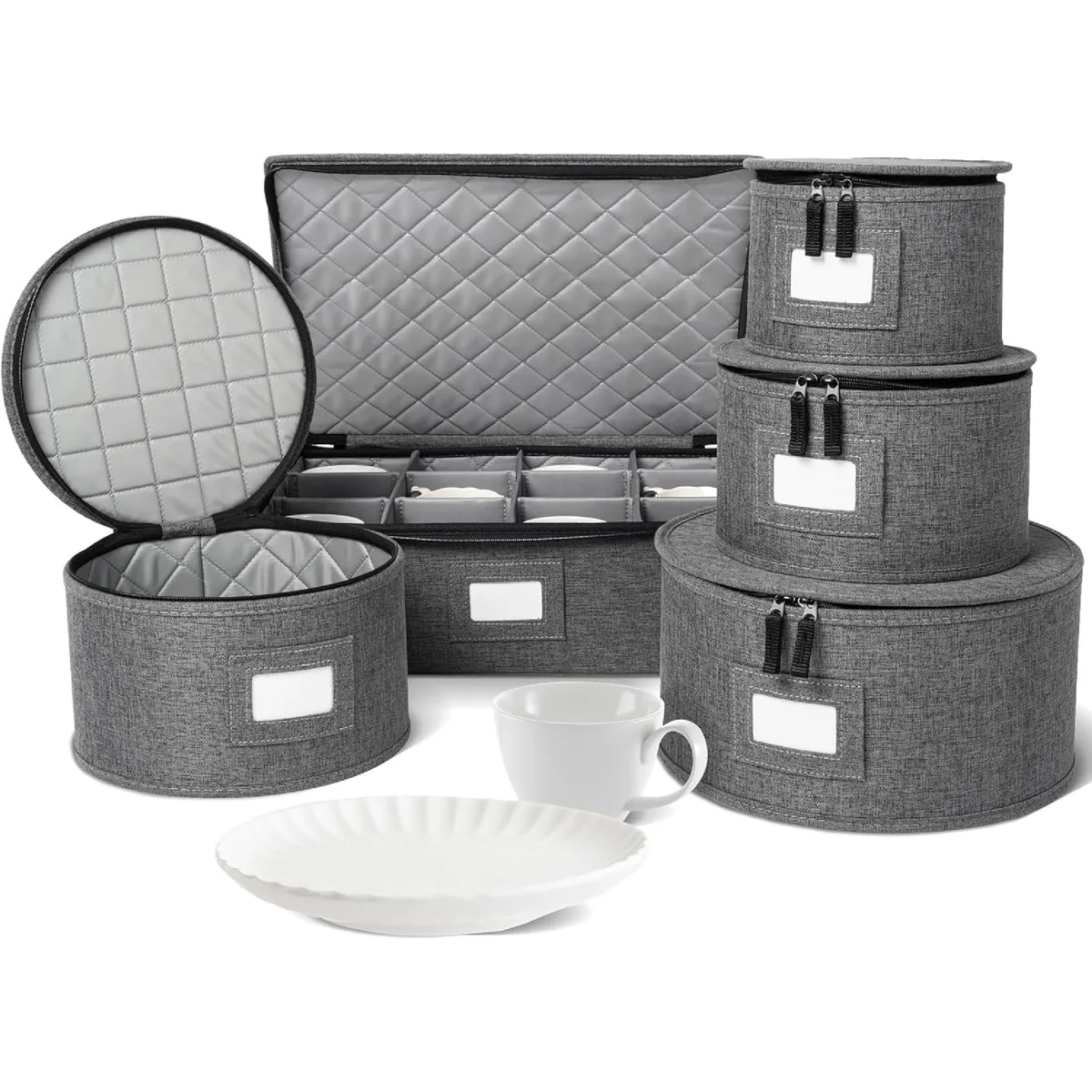 Red fabric storage set with five hard-shell cases, felt dividers, zipper closures and label windows