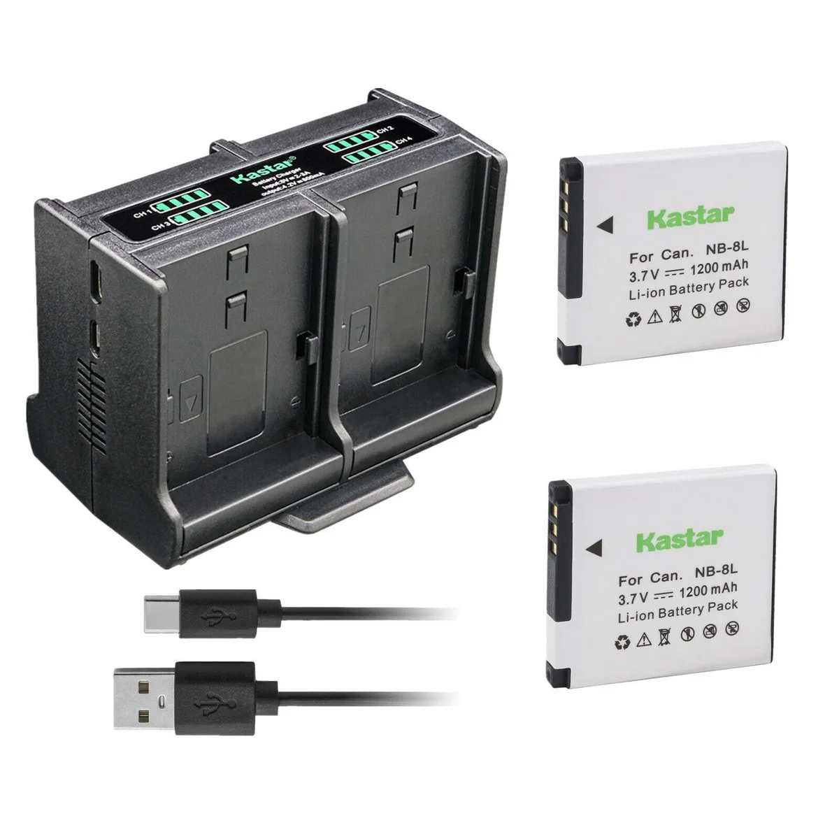 Kastar Kastar NB-8L 2-pack battery &amp; quadruple USB charger — product photo