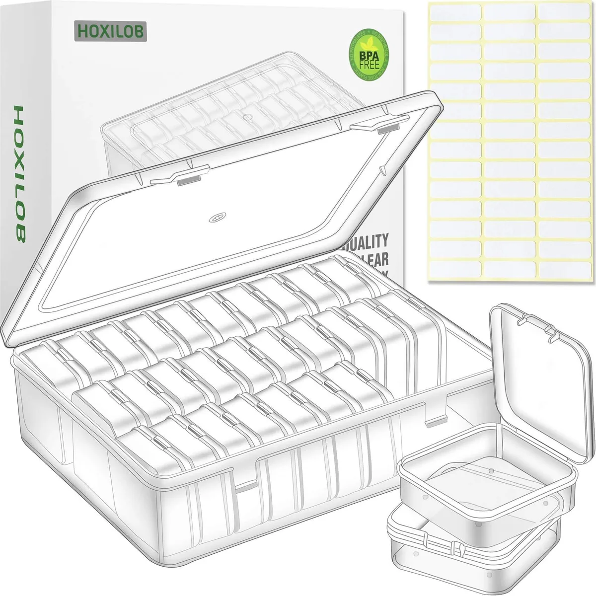 Clear hinged-lid box holding thirty small square containers with label stickers