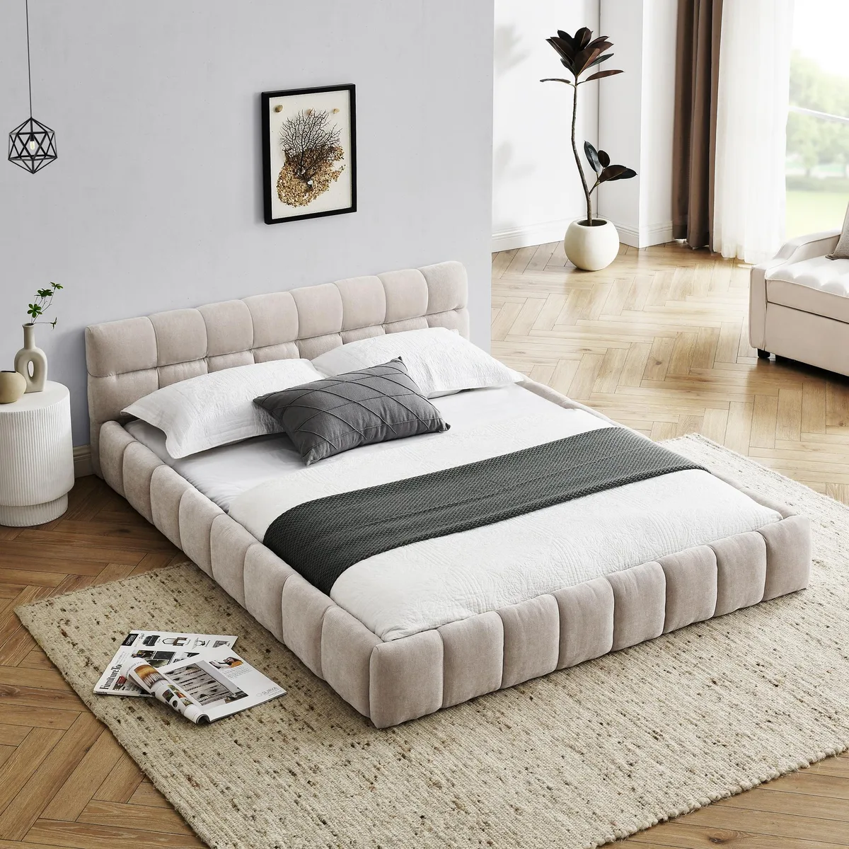 Beige chenille upholstered queen platform bed with headboard