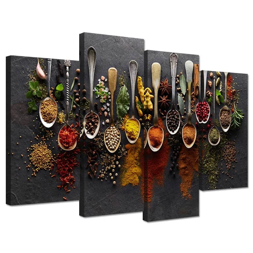 Four spice-themed canvas panels in two sizes with matte wood frames