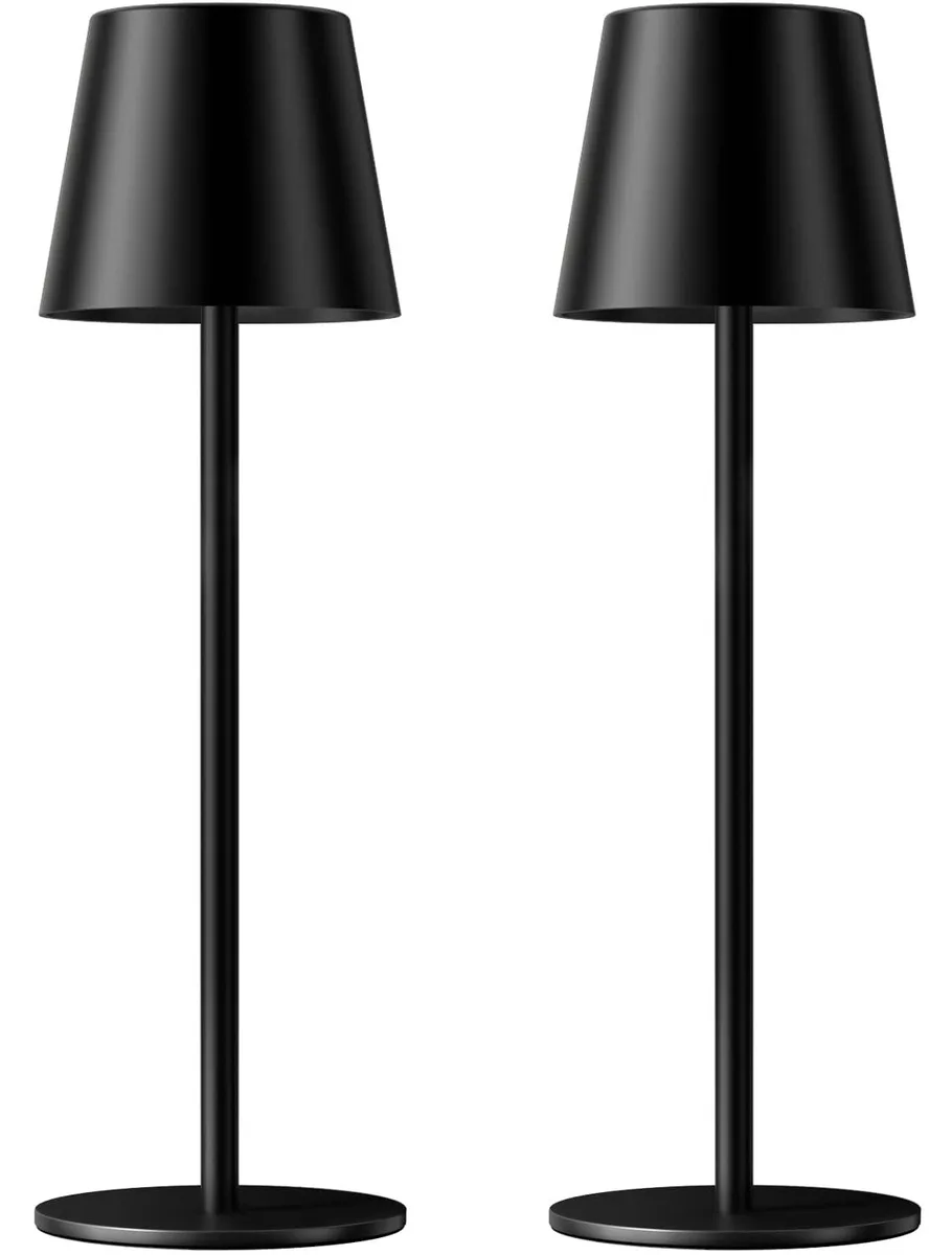 Two black cylindrical cordless table lamps with coated finish and touch controls