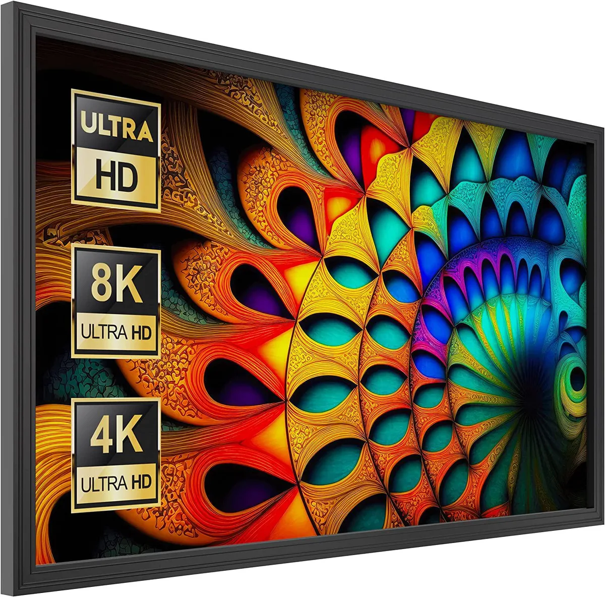 Rectangular white projection screen with black velvet frame, 100 inch diagonal, wall mounted