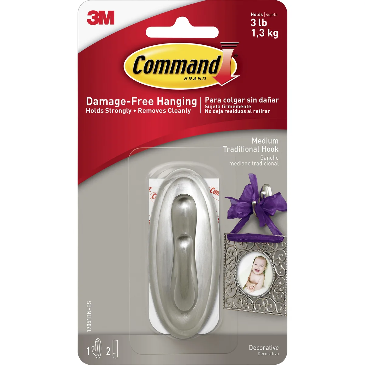Medium brushed nickel hook with adhesive strip