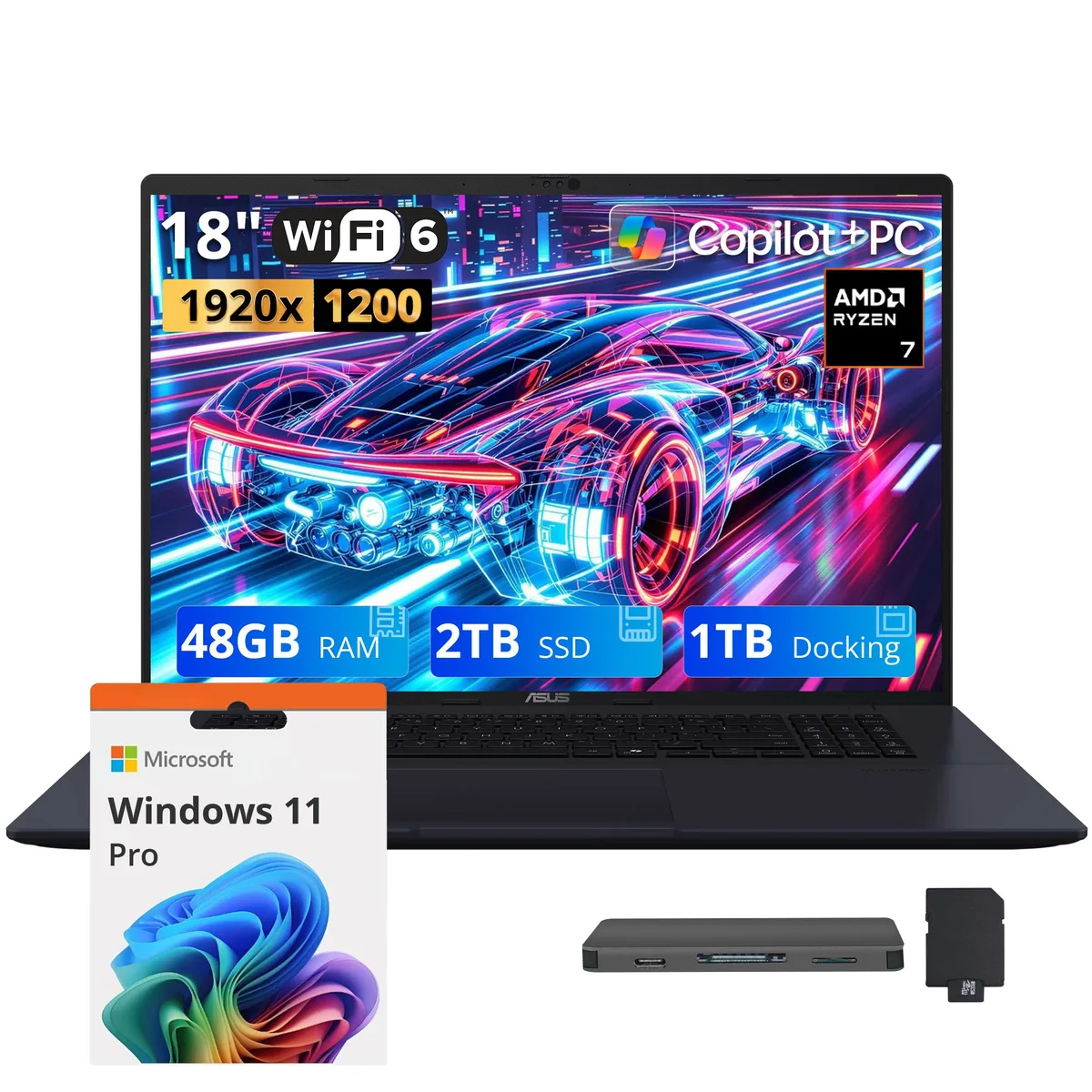 ASUS ASUS Vivobook 18 18" WUXGA 144Hz Business Laptop AMD Ryzen 7 260 48GB DDR5 2TB SSD + 1TB Docking Station Blue — product photo