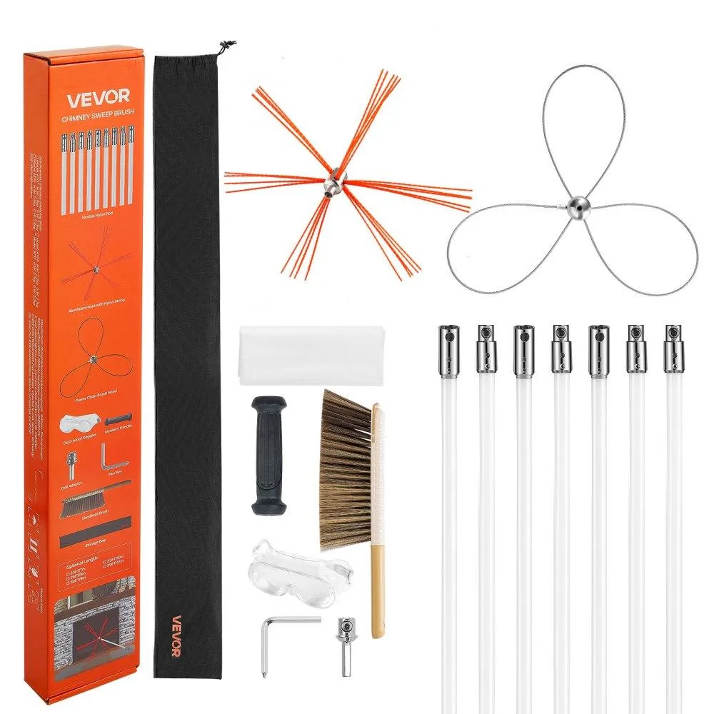 Chimney sweep kit with 23 ft flexible nylon rod, dual brush heads, goggles and storage bag