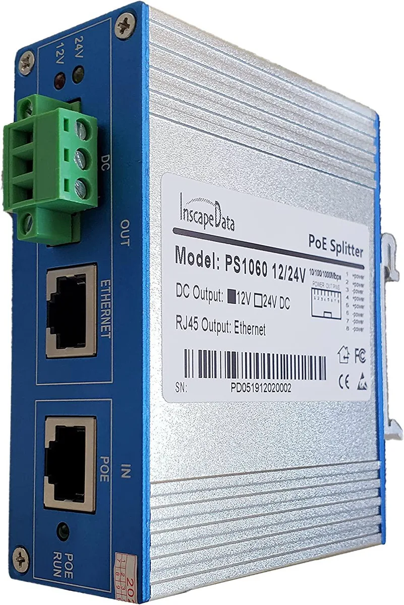 Small rectangular network adapter with two RJ45 ports and a DC power jack, matte metal finish