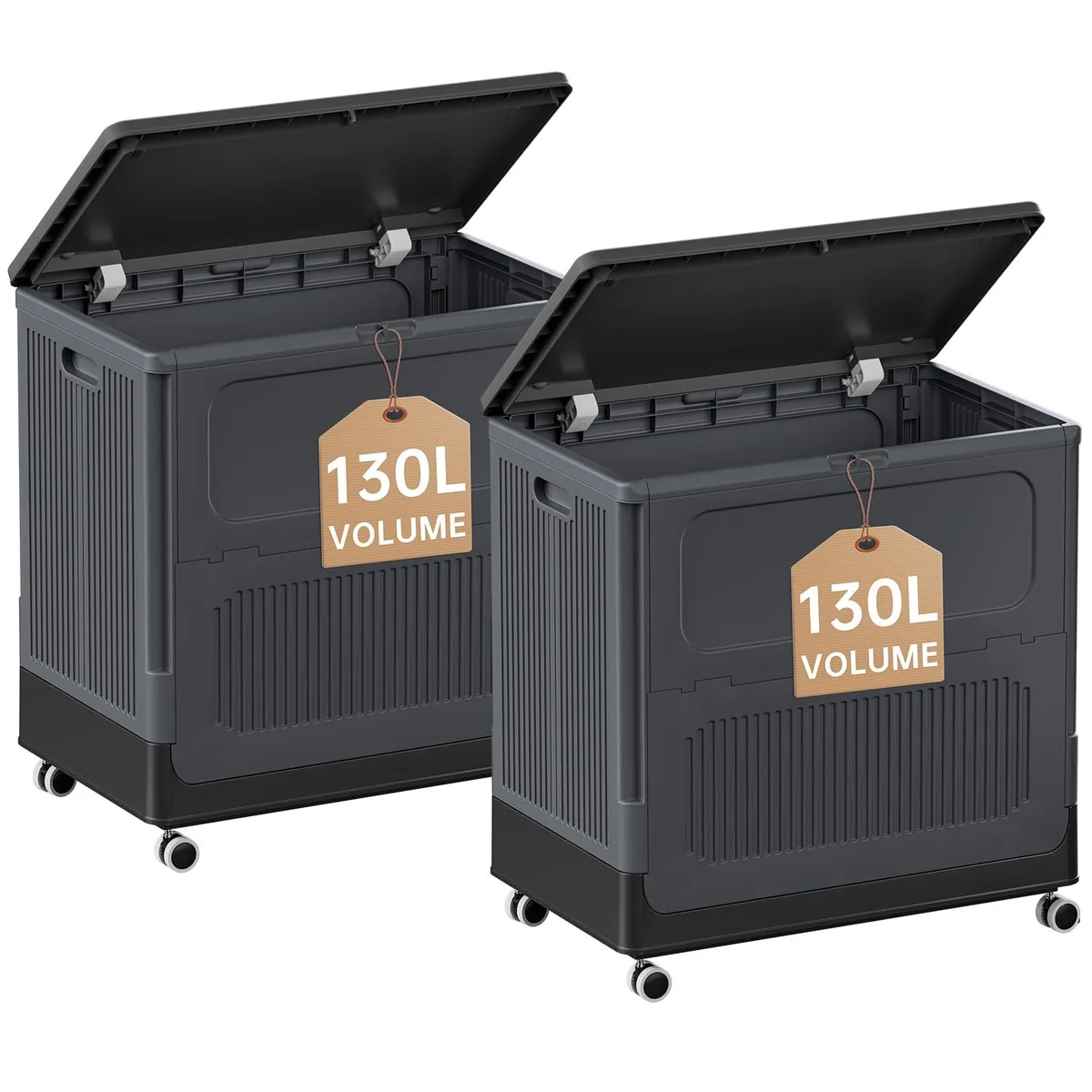 Two black rectangular plastic laundry hampers with lids and four wheels each
