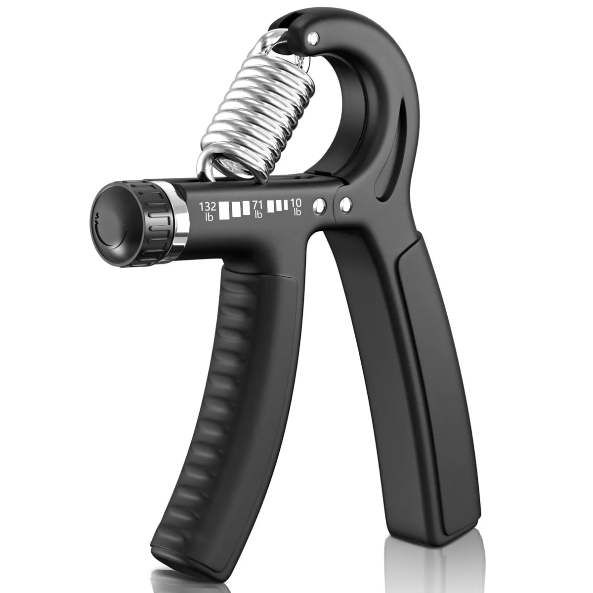 Black R-shaped hand grip strengthener with textured rubber handles and adjustable resistance knob