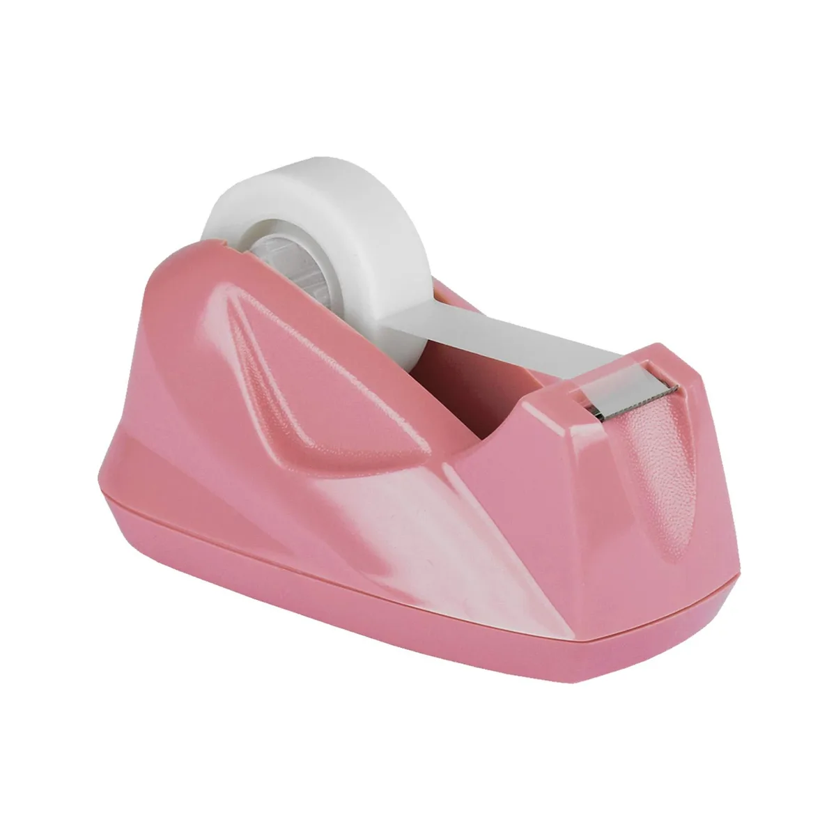 Pink plastic desktop tape dispenser with matte finish and stainless steel blade