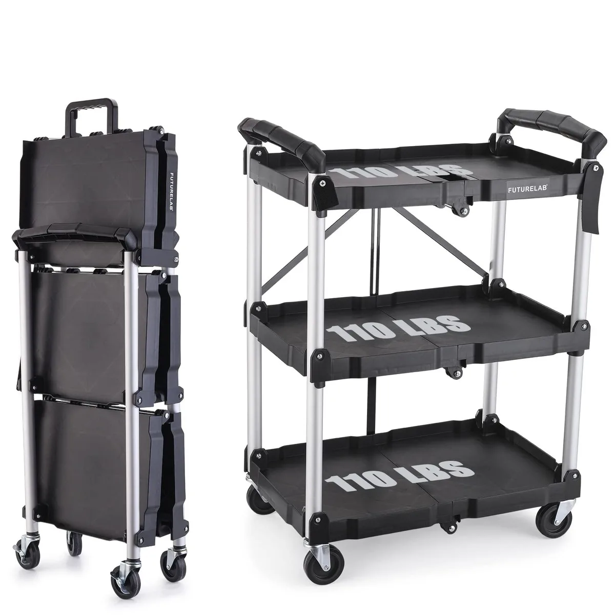 Silver three-tier folding service cart with four wheels, aluminium frame, 42.5 by 8.2 by 17.7 inches