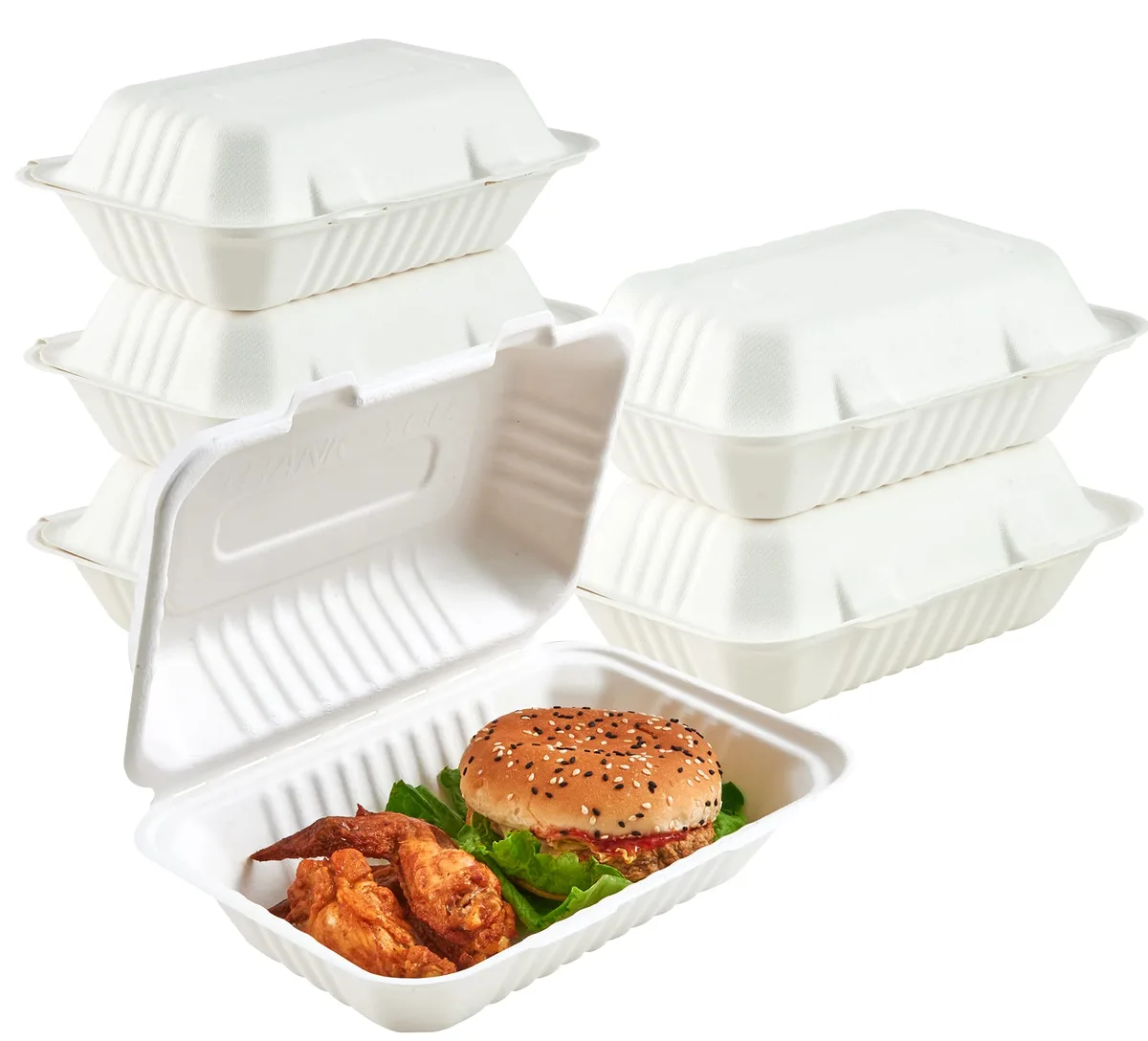 A stack of 75 white clamshell containers in red silicone finish