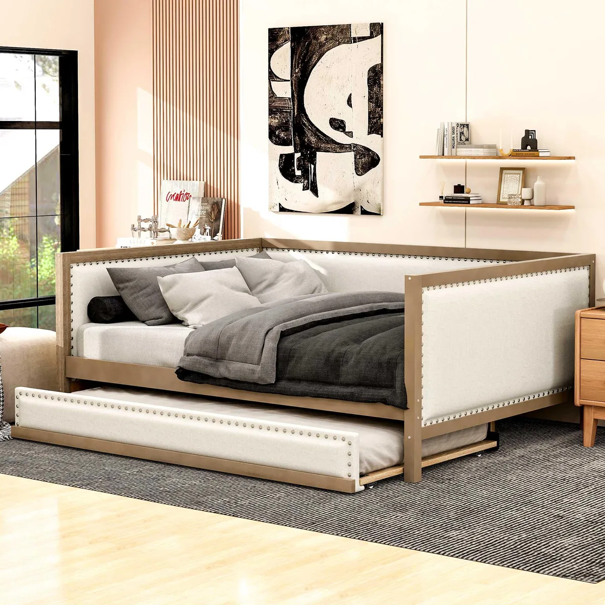 tuphen tuphen Upholstered Daybed with Trundle, Wood Finish — product photo