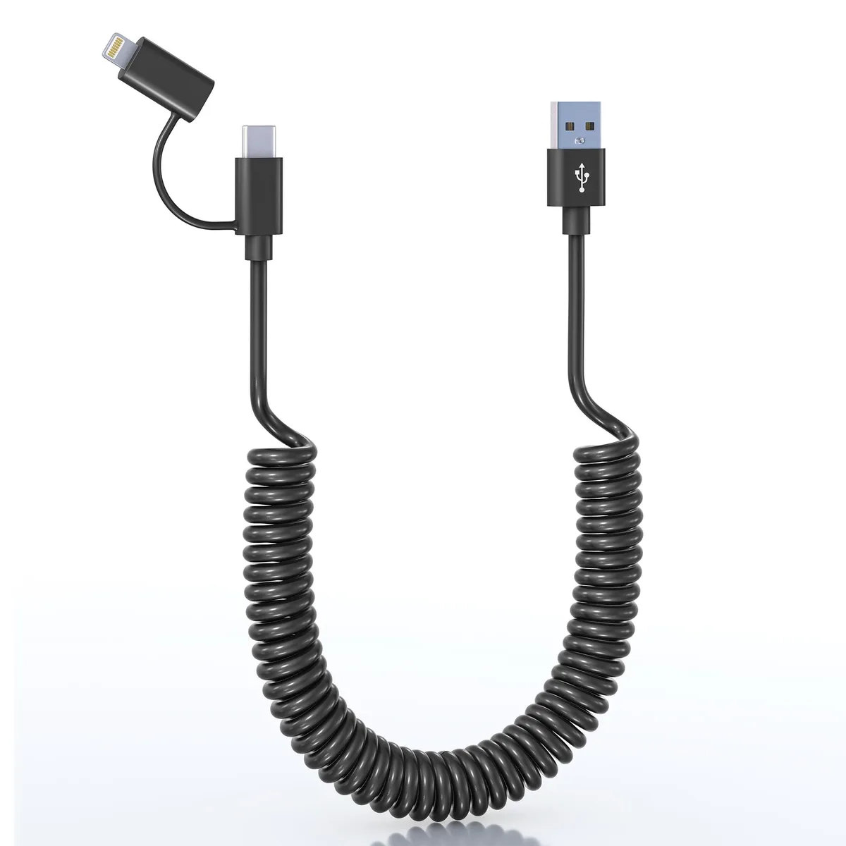 Yeemie YE-USB-M65 2-in-1 USB-A to USB-C & Lightning coiled cable 1.5 ft–6 ft 3 A 480 Mbps — product photo