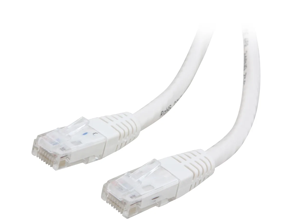 White Cat 6 patch cable with RJ45 connectors, 25 ft length