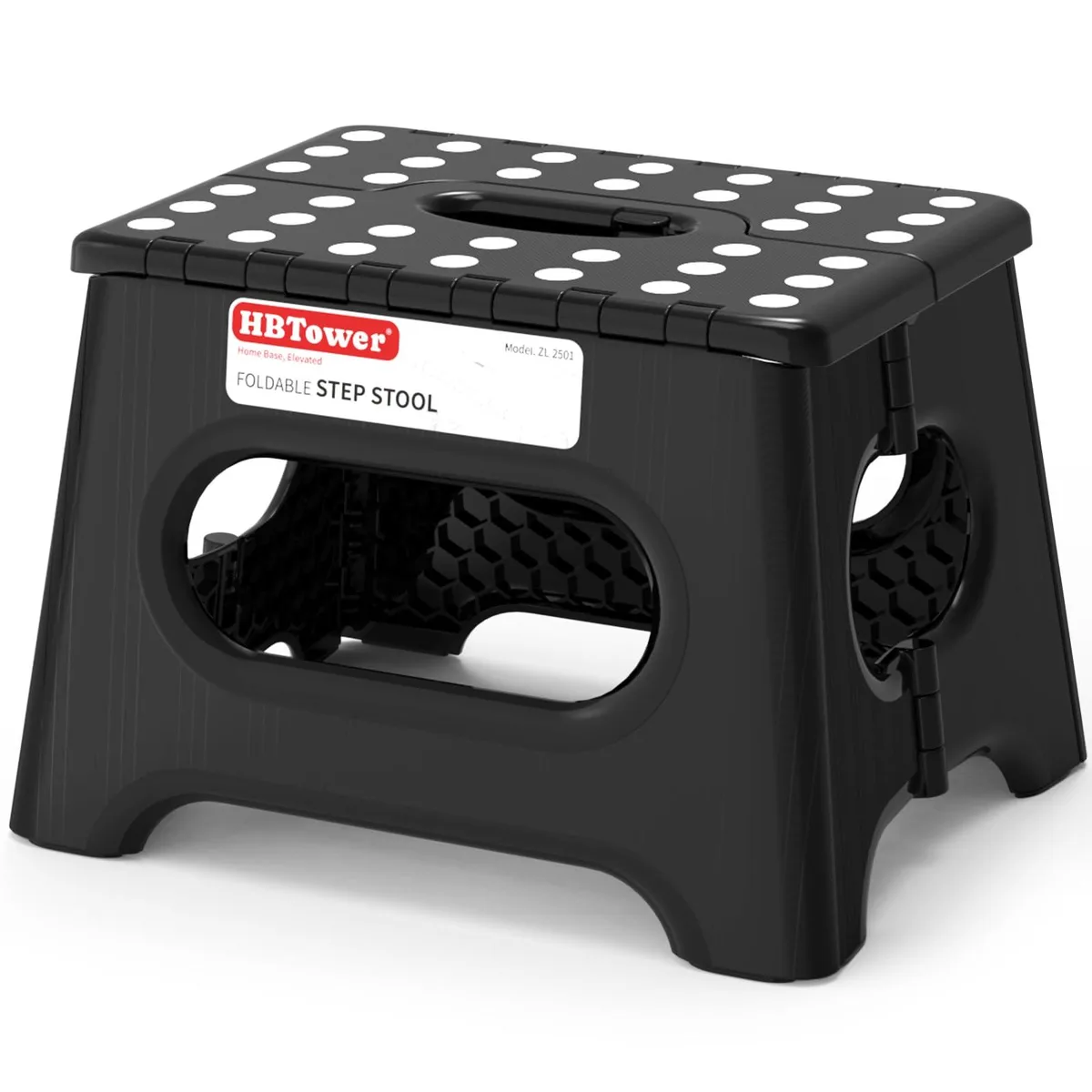 Black plastic folding step stool with carry handle, 13.5 by 11.8 inches folded, 1.7 inches thick