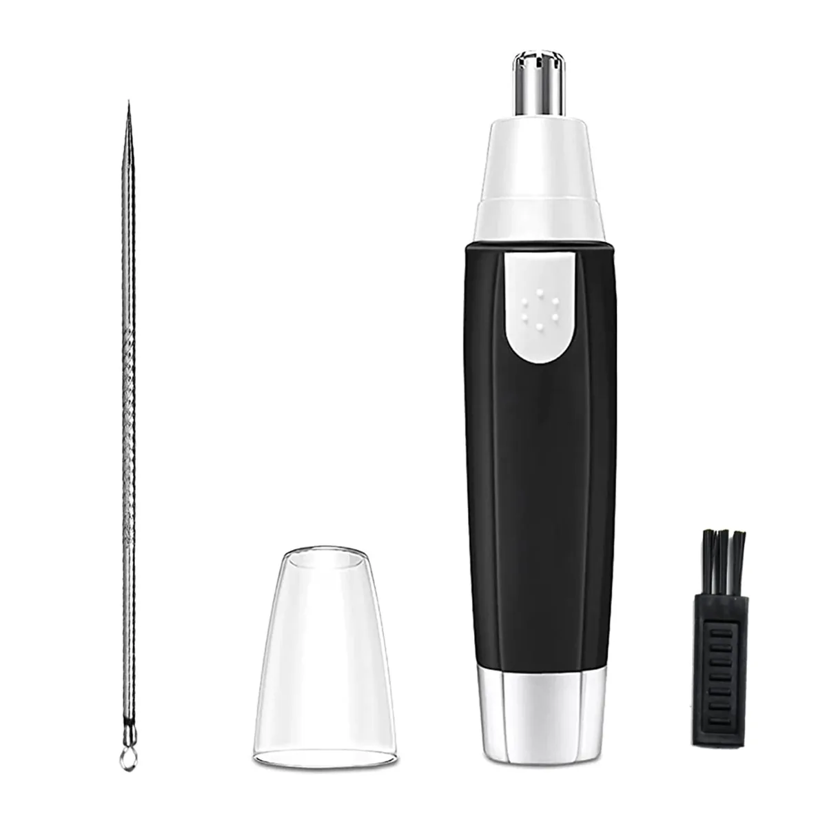 Black cylindrical nose ear eyebrow trimmer with 360° rotating head, weighs .059 kg