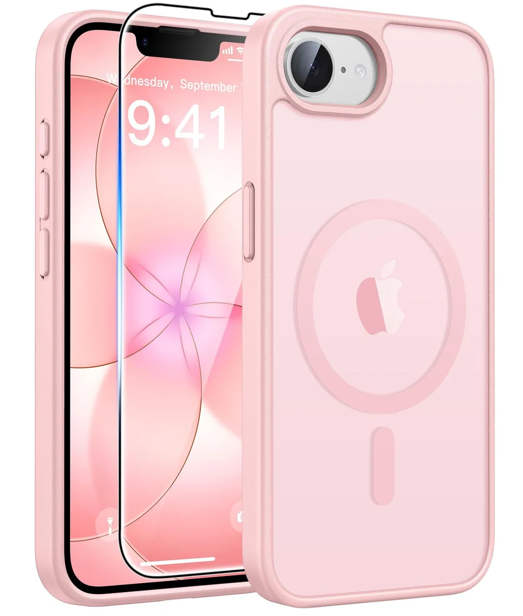 Light pink translucent matte phone case with screen protector