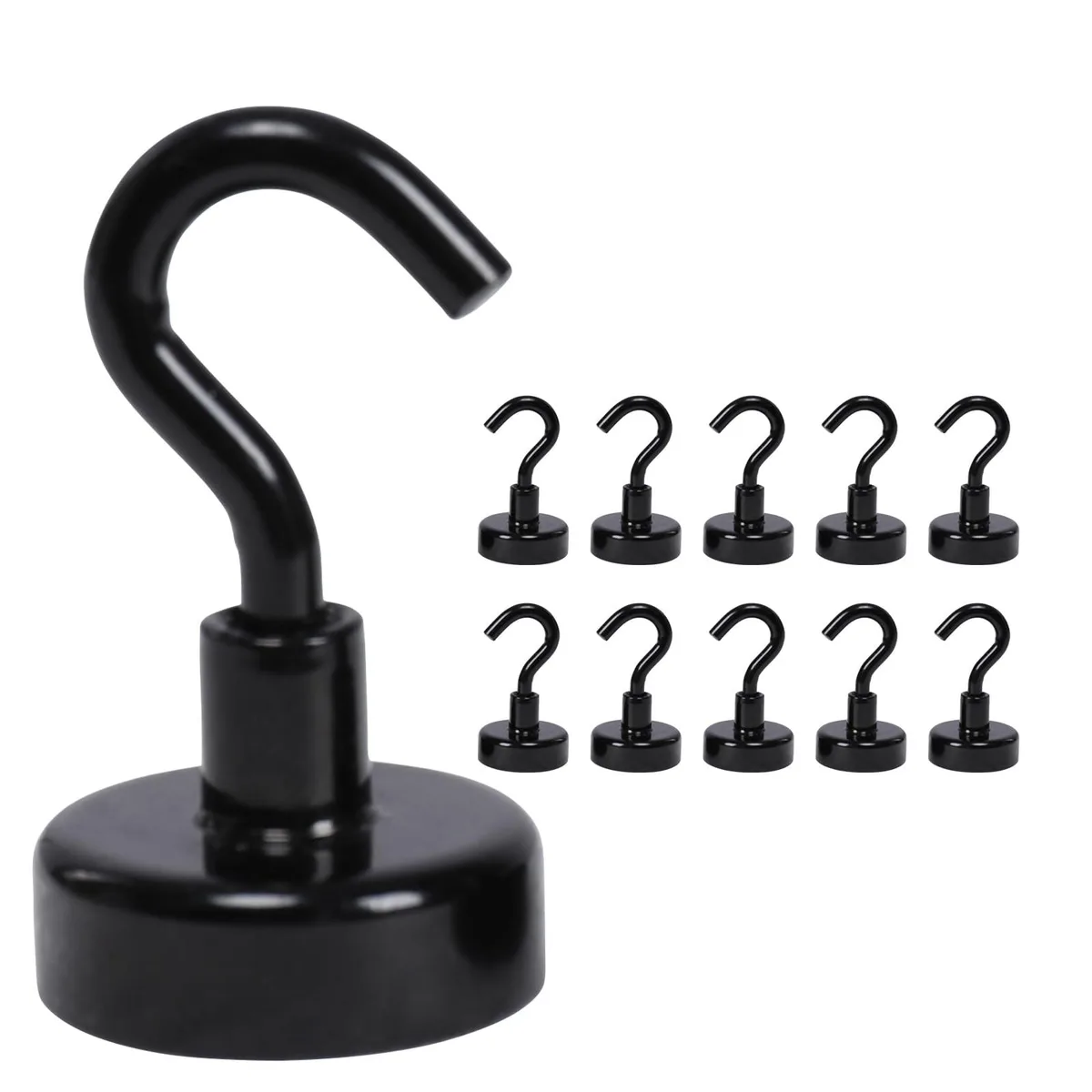 Ten silver metal magnetic hooks with rotating bases on a light surface