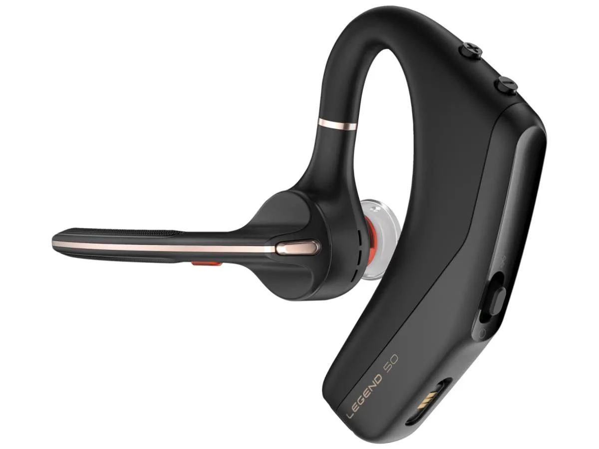Small black in-ear Bluetooth headset with single earpiece and boom microphone