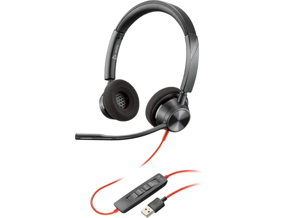 Black wired over-ear headset with padded headband, foam ear cushions, and flexible boom microphone